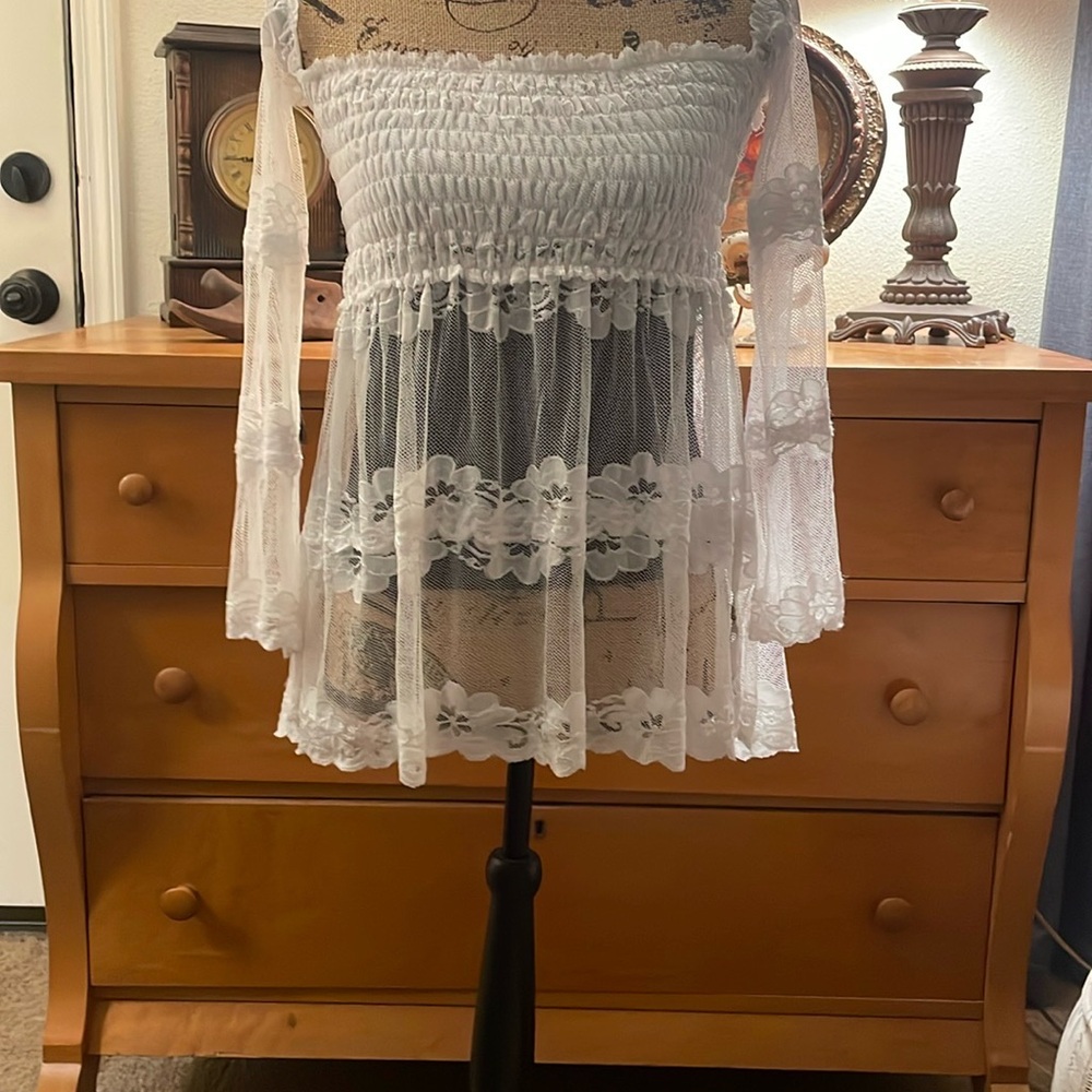 PattyBoutik White Bell Sleeve Smocked Blouse